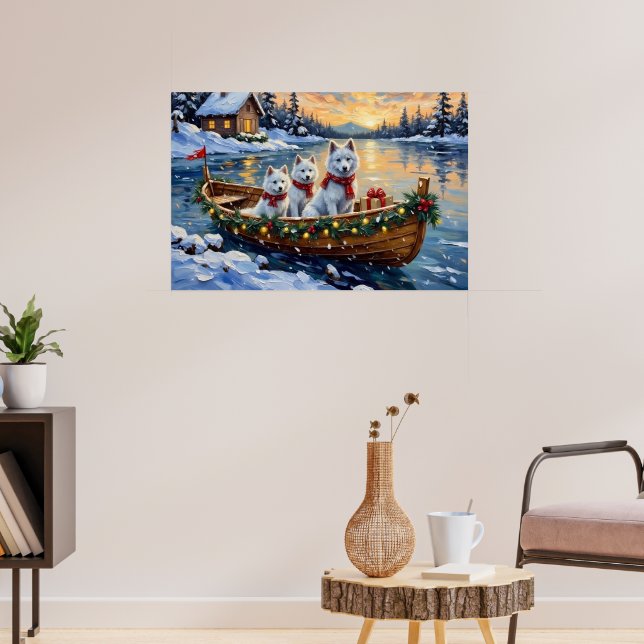 White Samoyed Christmas Boat Holiday Poster (Living Room 3)