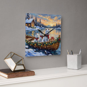 White Samoyed Christmas Boat Holiday Square Wall Clock
