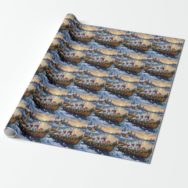 White Samoyed Christmas Boat Holiday Wrapping Paper (Unrolled)