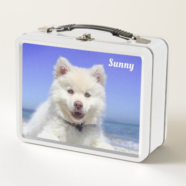 White Samoyed Dog on Light Blue Metal Lunch Box (Front)