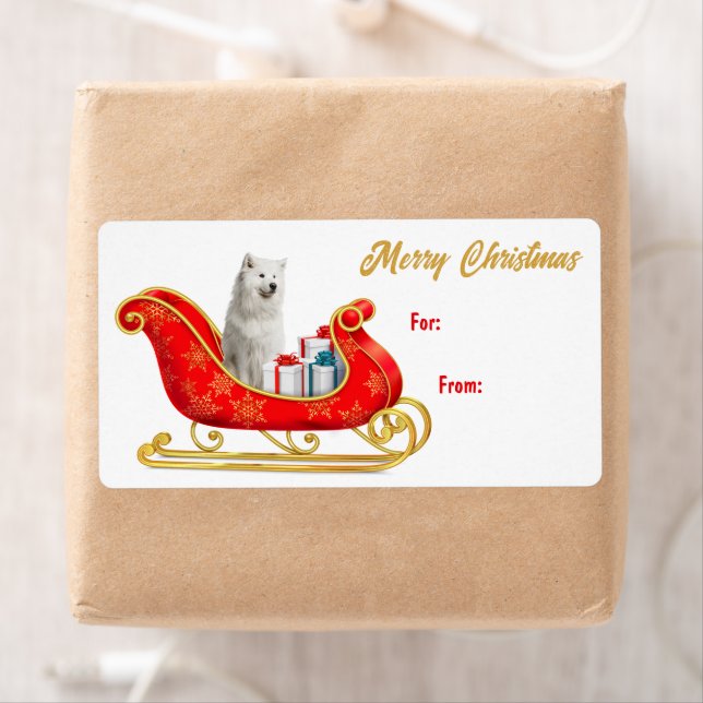 White Samoyed Dog Sleigh Gift Tag (Insitu)