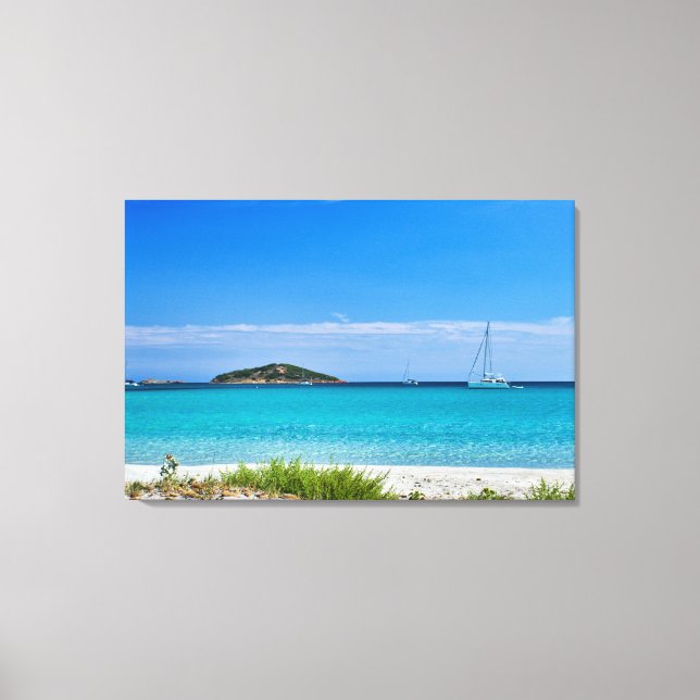 White sand beach turquoise water rocks & sailboat canvas print (Front)