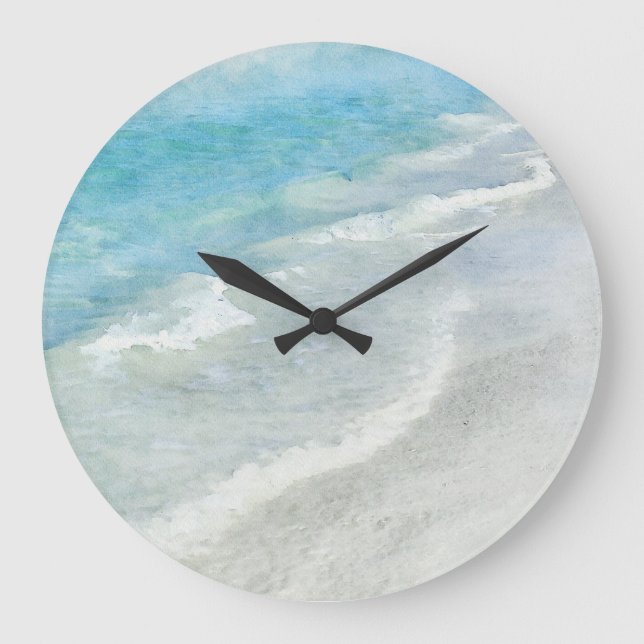 White Sand Beach Watercolor - Teal Aqua Turquoise  Large Clock (Front)