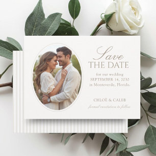 White & Sand Stripe Oval Photo Wedding Save The Date