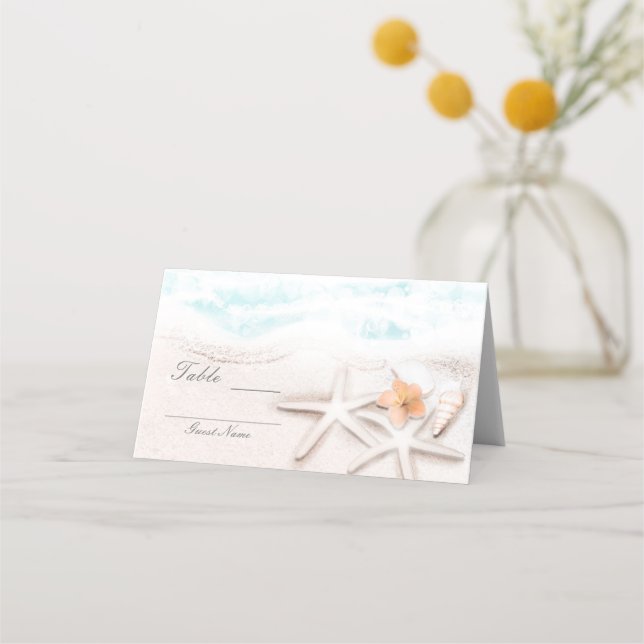 White Sandy Beach Starfish Blue Tropical Seating Place Card (Back)