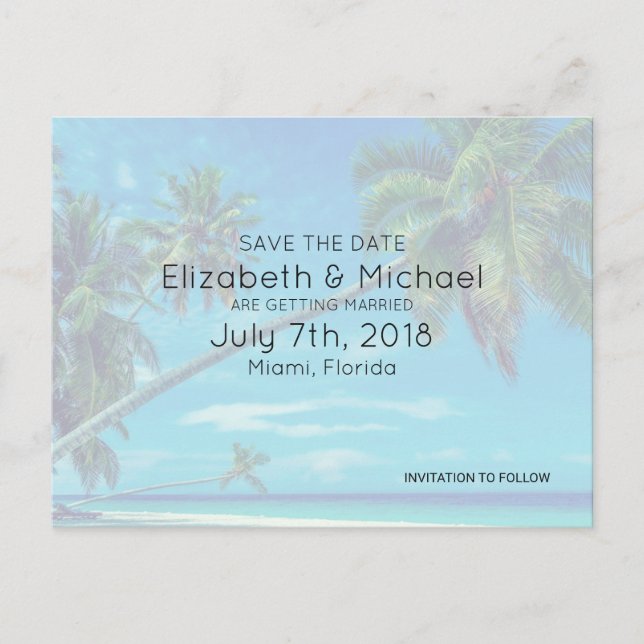 White Sandy Beach with Coconut Palms Wedding STD Announcement Postcard (Front)