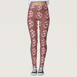 White Sanskrit Om on Brick Red Yoga Pants