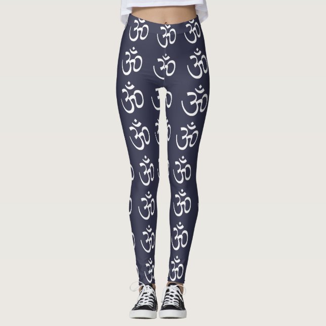 White Sanskrit Om on Dark Blue Pants (Front)