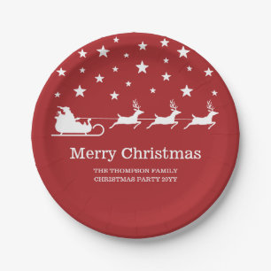 White Santa Sleigh And Merry Christmas Text On Red Paper Plate