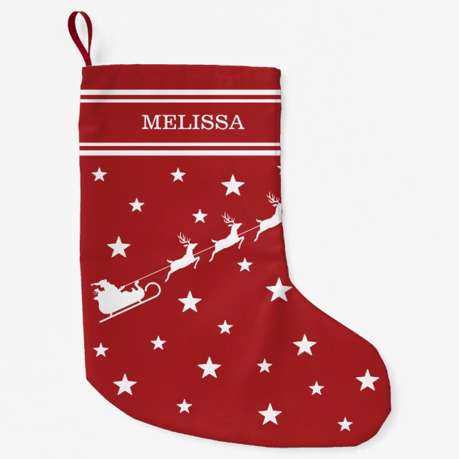 White Santa Sleigh And Merry Christmas Text On Red Small Christmas Stocking (Front)