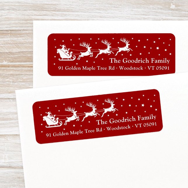 White Santa's Sleigh Christmas Return Address (Festive, deep burgundy red Santa's reindeer sleigh in a starry sky Christmas return address label.)