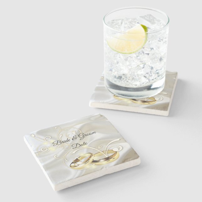 White satin and gold design Wedding Stone Coaster (Side)