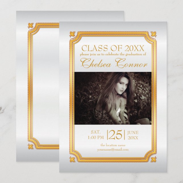White Satin and Gold Graduate Invitation (Front/Back)