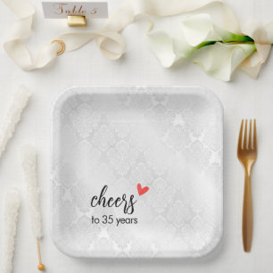 White Satin Damask 35th Anniversary Paper Plate