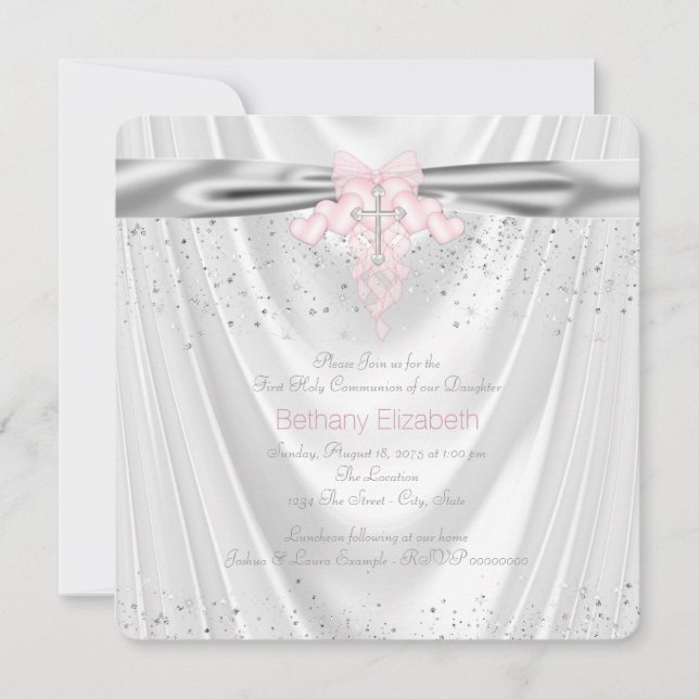 White Satin Glitter First Communion Invitation (Front)