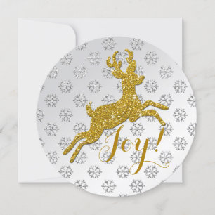 White Satin Glitter Snowflakes, Gold Glitter Deer Holiday Card