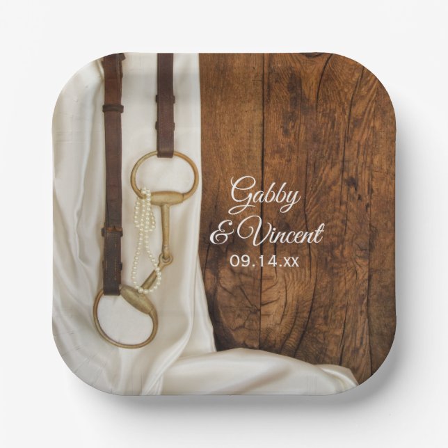 White Satin Horse Bit Country Western Wedding Paper Plate (Front)