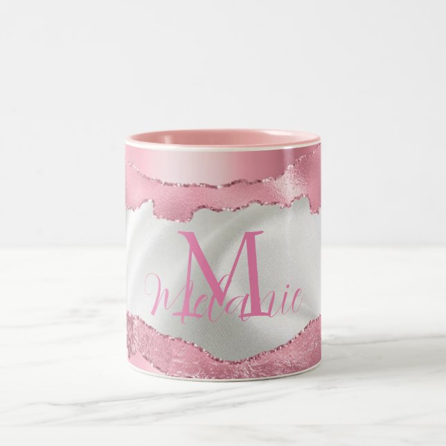 White Satin & Pink Foil Glam Monogram Two-Tone Coffee Mug (Center)