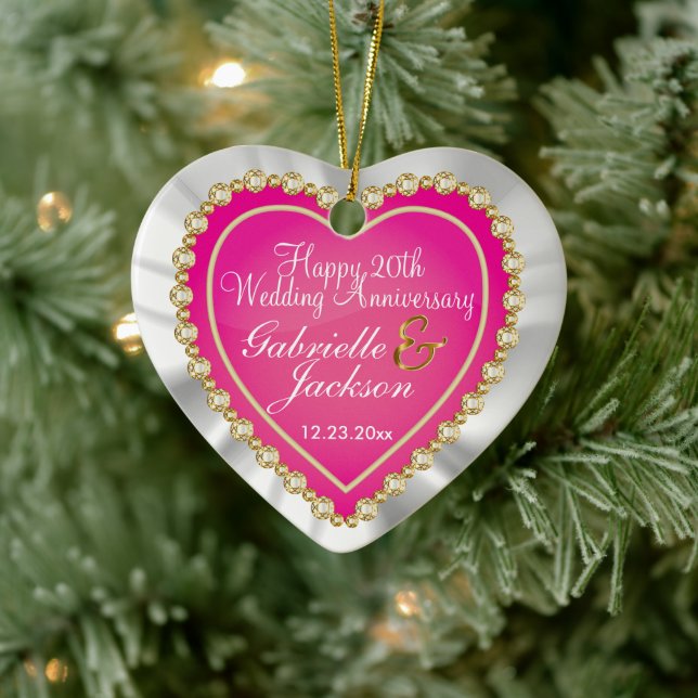 White Satin & Pink Heart Wedding Keepsake Ceramic  Tree Decoration (Tree)