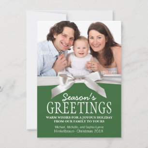 White Satin Ribbon and Green with Christmas Photo Holiday Card