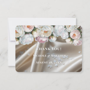 White Satin Roses and Peony Wedding Thank You Card