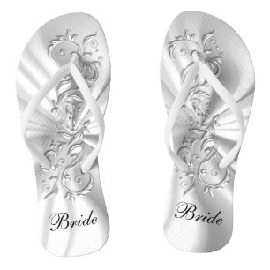 White Satin & Silver Ornate Design   Bride Jandals