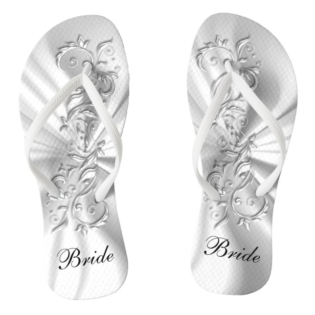 White Satin & Silver Ornate Design | Bride Jandals (Footbed)