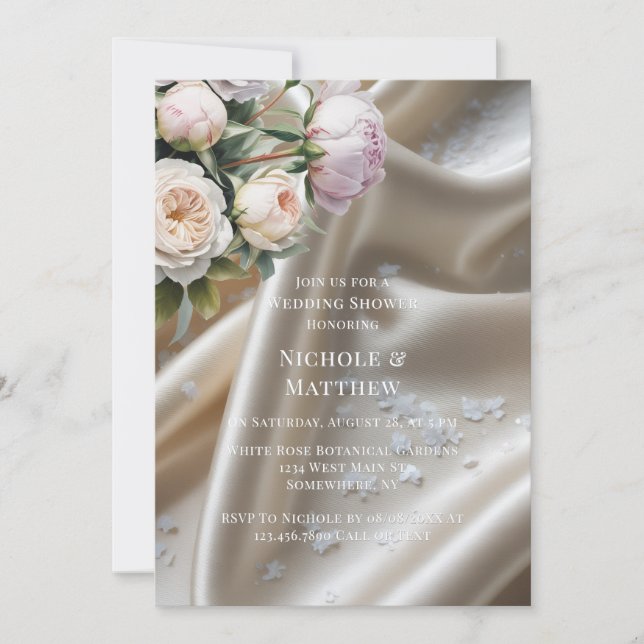White Satin with Roses and Peony Wedding Shower Invitation (Front)