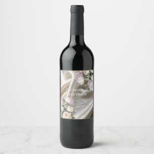 White Satin with Roses and Peony Wedding Wine Label