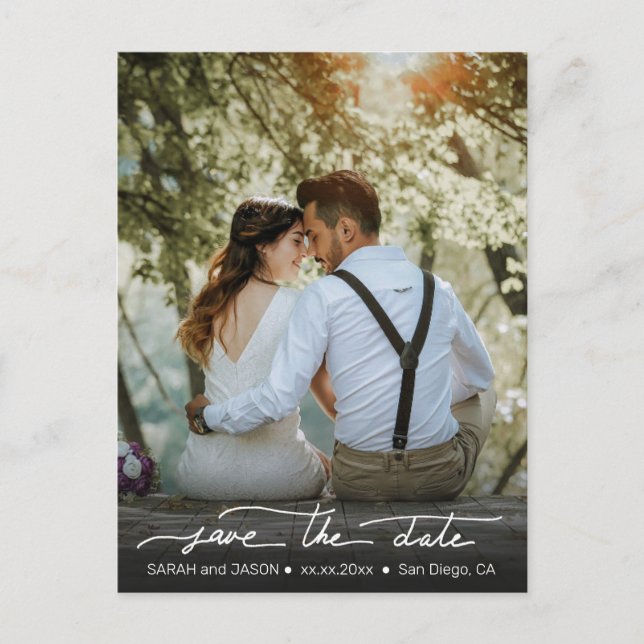 white save the date calligraphy postcard (Front)
