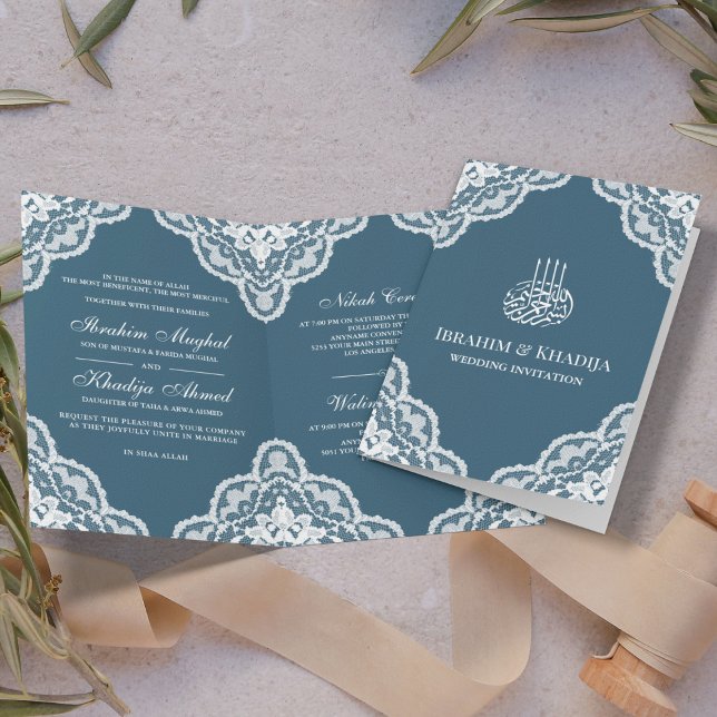 White Scalloped Lace Blue Muslim Wedding Photo Invitation (Creator Uploaded)