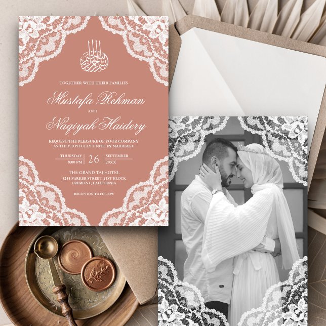 White Scalloped Lace Peach Muslim Wedding Photo Invitation (Creator Uploaded)