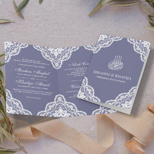 White Scalloped Lace Purple Muslim Wedding Photo Invitation