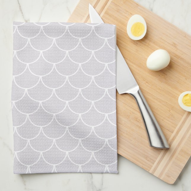 White Scalloped Mermaid Scale Pattern Tea Towel (Quarter Fold)