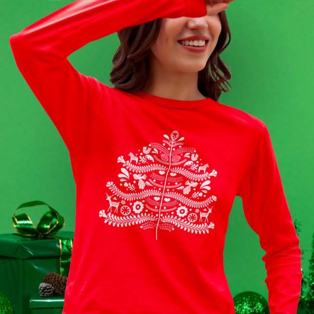 White Scandinavian Folk Art Nordic Christmas Tree T-Shirt (Creator Uploaded)