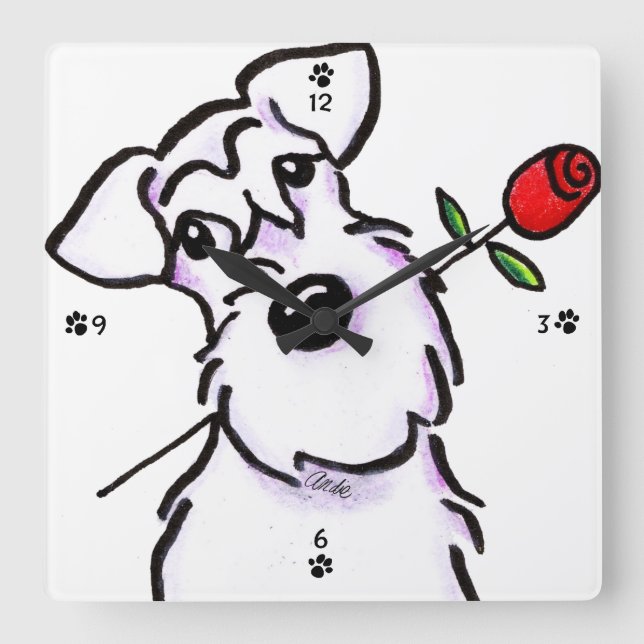 White Schnauzer Sweetheart Rose Square Wall Clock (Front)