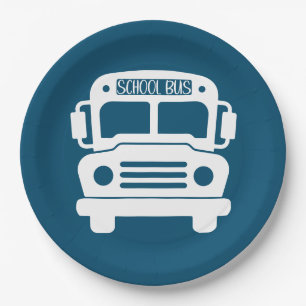 White School Bus on Blue Background Paper Plate