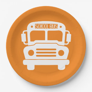 White School Bus on Orange Background Paper Plate