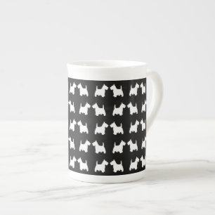 White Scottie Dog Twin Silhouettes Tile Pattern Bone China Mug