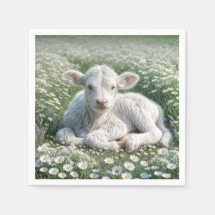 White Scottish Highland Calf In Daisy Meadow Napkin