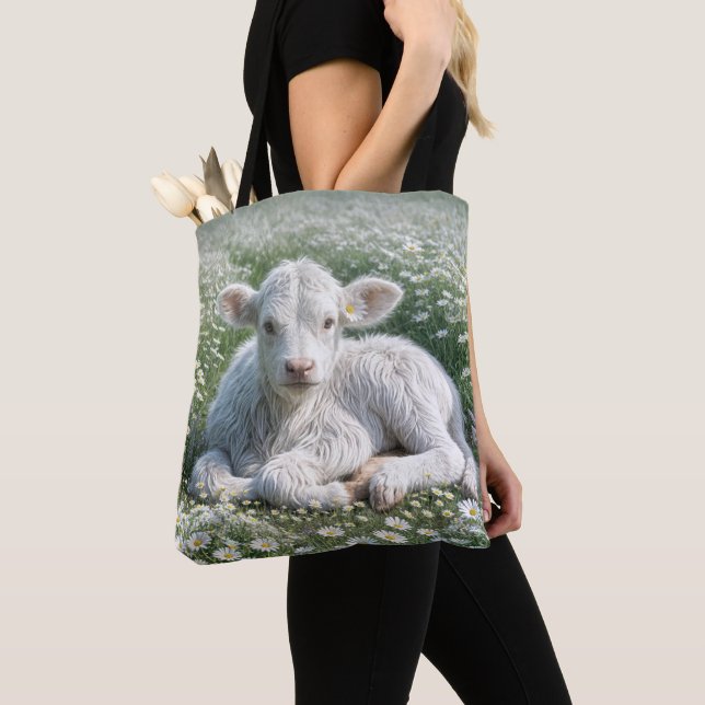 White Scottish Highland Calf In Daisy Meadow Tote Bag (Close Up)