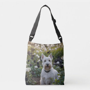 White Scottish Terrier With Black White Roses, Crossbody Bag