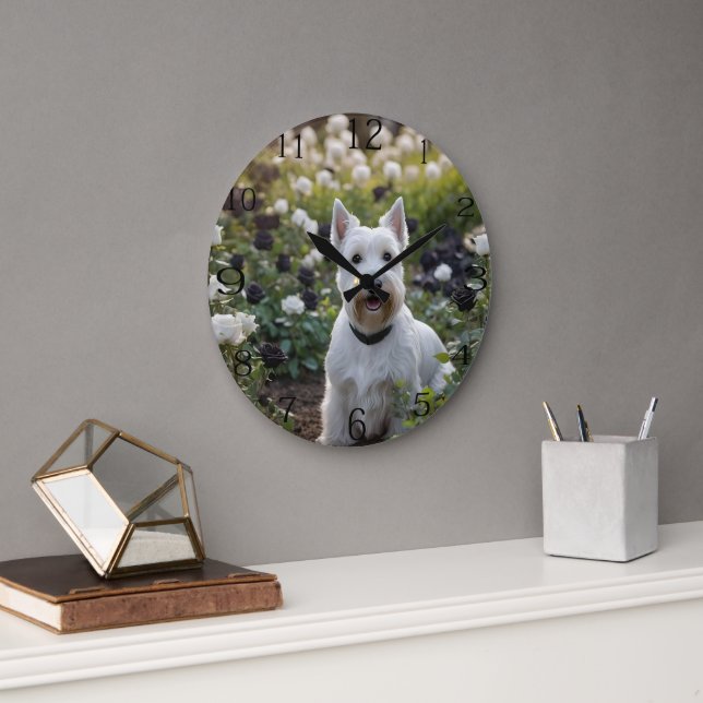 White Scottish Terrier With Black White Roses, Large Clock (Office)