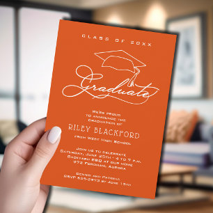 White Script and Grad Cap Orange Graduation Announcement