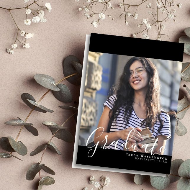 White Script | Black Frame | Two Photo Graduation  Announcement (Creator Uploaded)