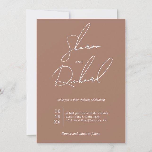 White script calligraphy mocha minimalist wedding invitation (Front)