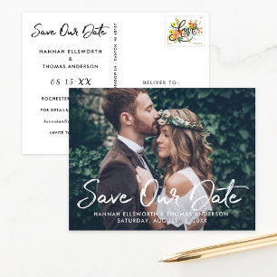 White Script Full Photo Save the Date Announcement Postcard