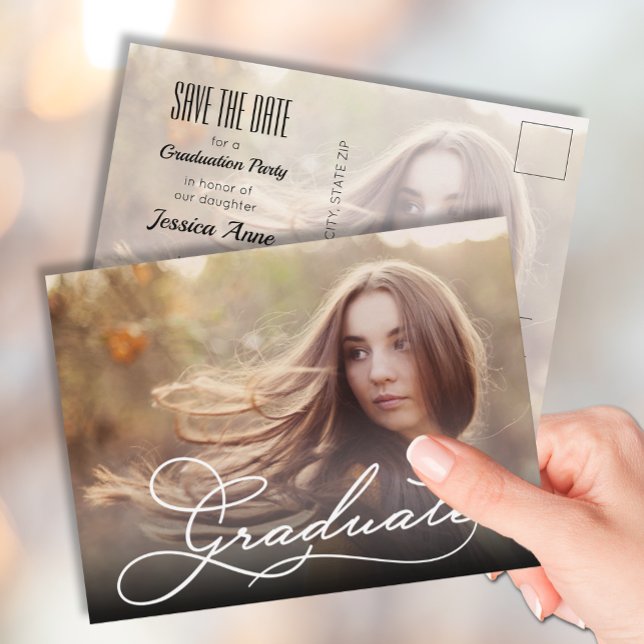 White Script GRADUATE Photo Save the Date Postcard (Creator Uploaded)