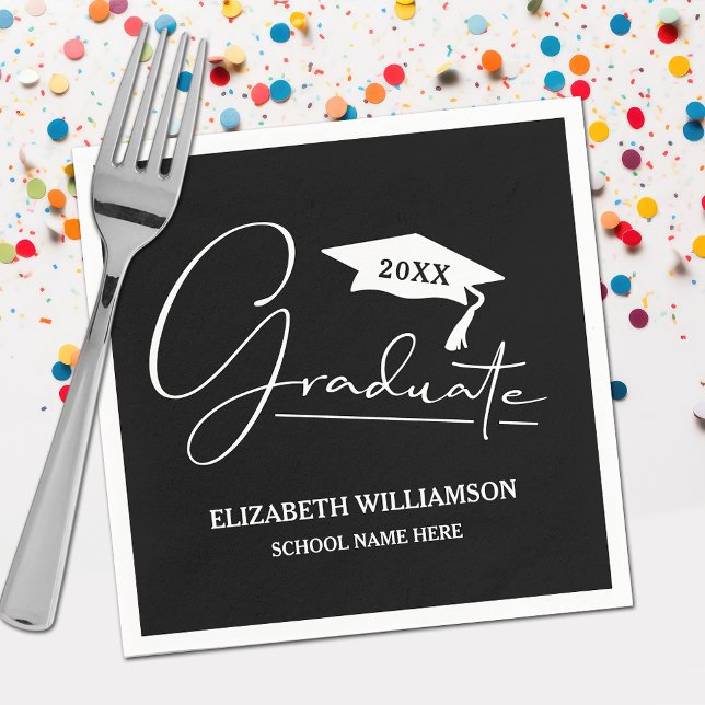 White Script Graduation Cap Black Napkin (Your name, class year and "Graduate" in a cool script on black school color party napkins)
