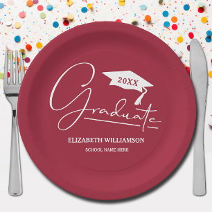 White Script Graduation Cap Crimson Paper Plate